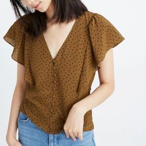 Madewell Olive Polka Dot Flutter Sleeve Blouse | 100% silk | size 10